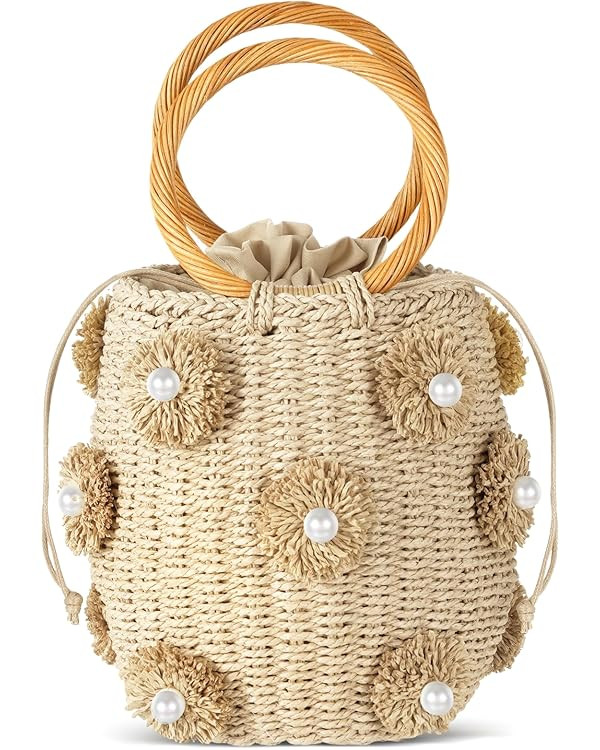Frienda Summer Straw Bags for Women - Beach Drawstring Straw Bucket Tote Pearl Flower Diamond Rat... | Amazon (US)