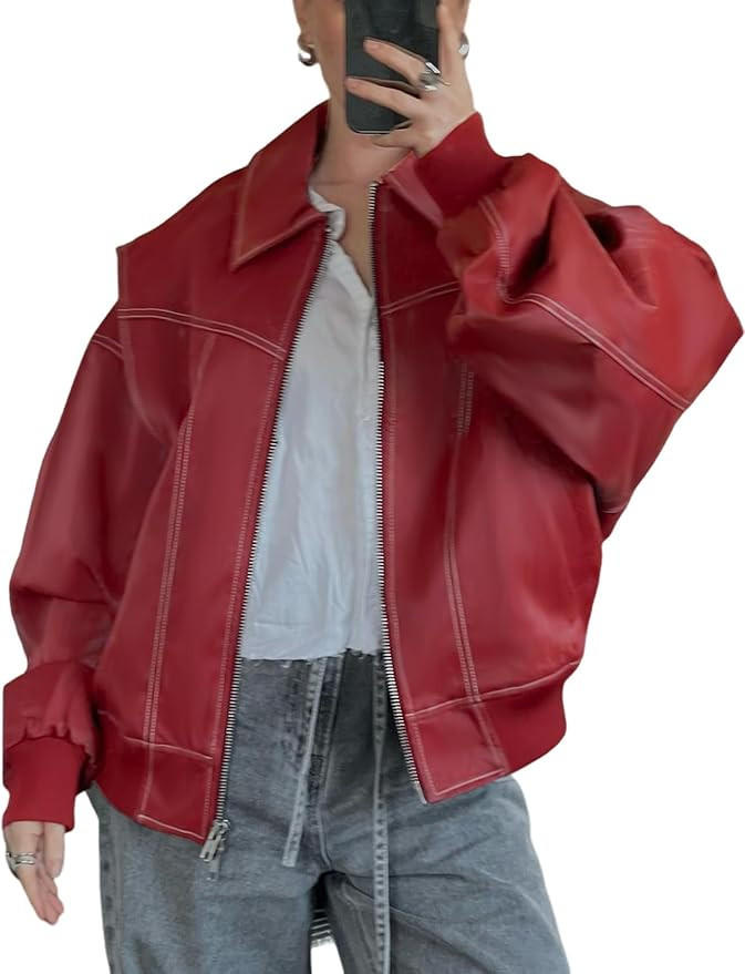 Gihuo Women's Oversized Faux Leather Jacket Fashion Zip Up Motorcycle Jackets Moto Biker Coat Fal... | Amazon (US)