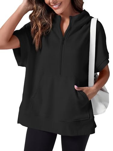 Fisoew Womens Oversized Half Zip Hoodies Short Sleeve Casual Sweatshirts Pullover Tops with Pockets Black | Amazon (US)