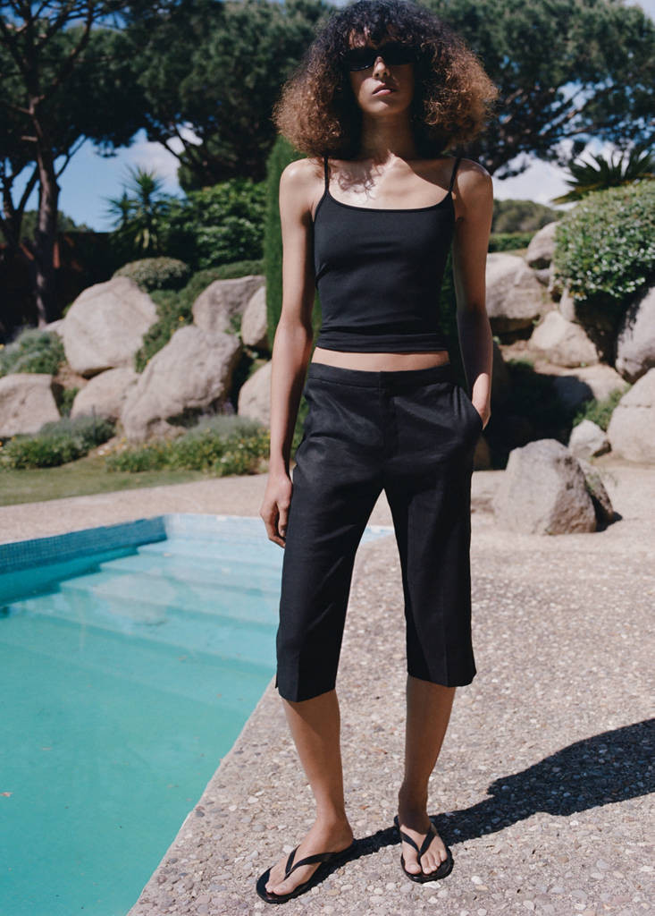 Pantalon capri en lin noir - Femme - 40 - MANGO | Mango EU