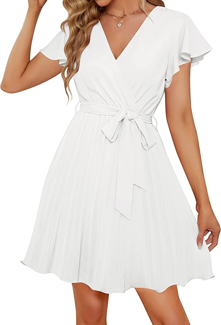 ZESICA Women's Wrap V Neck Mini Dress 2023 Summer Flutter Sleeve Tie Waist Pleated A Line Swing W... | Amazon (US)