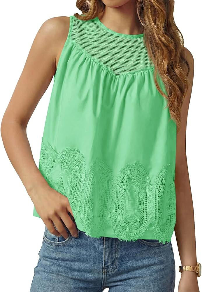 Tankaneo Womens Lace Tank Tops Summer Casual Mesh Loose Fit Sleeveless Blouses Pleated Crew Neck ... | Amazon (US)