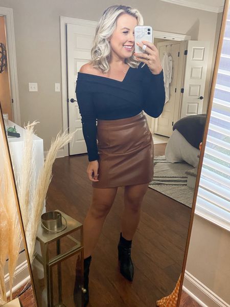 Amazon fall outfit idea. Leather Skirt size small and true to size. Black off the top sweater size small and true to size. Halloween outfit idea. Amazon fall find. Black amazon sweater. Brown leather skirt. Fall fashion. 

#LTKHalloween #LTKunder50 #LTKSeasonal