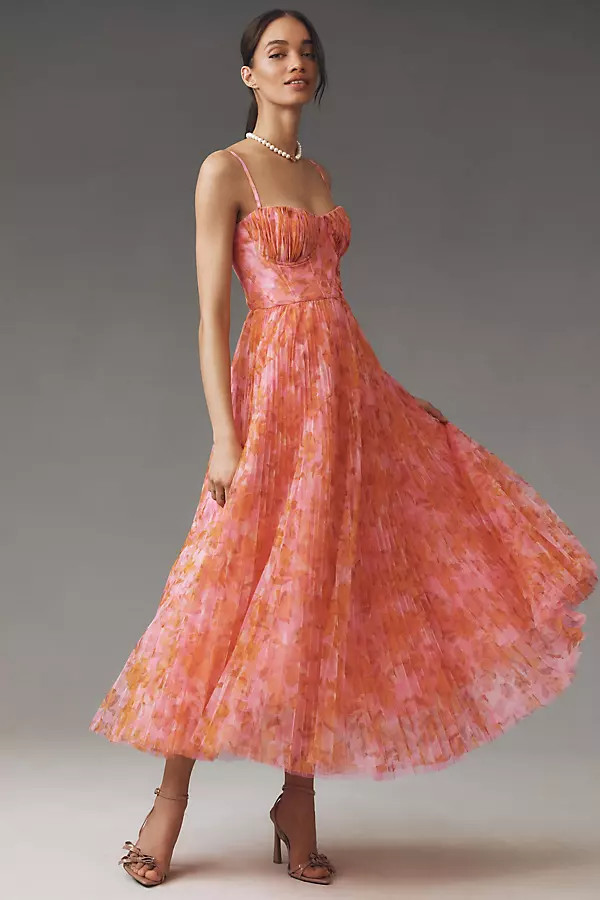 Amara Corset Pleated Tulle Fit & Flare Midi Dress | Anthropologie (US)