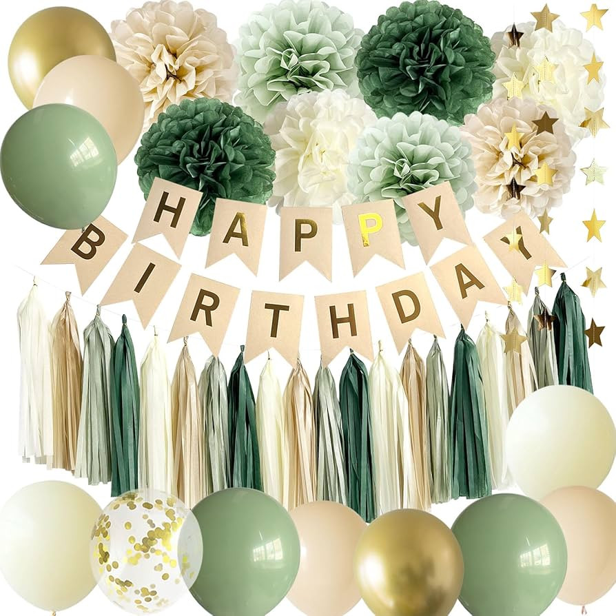 ANSOMO Sage Green Happy Birthday Party Decorations Retro Green Nude Ivory Dark Olive Kraft Paper ... | Amazon (US)