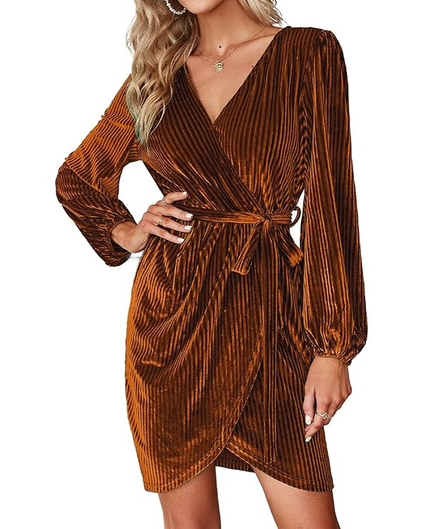 BerryGo Women's Long Sleeve Wrap Semi Formal Velvet Mini Dress Sexy Cocktail Party Winter Club Dr... | Amazon (US)
