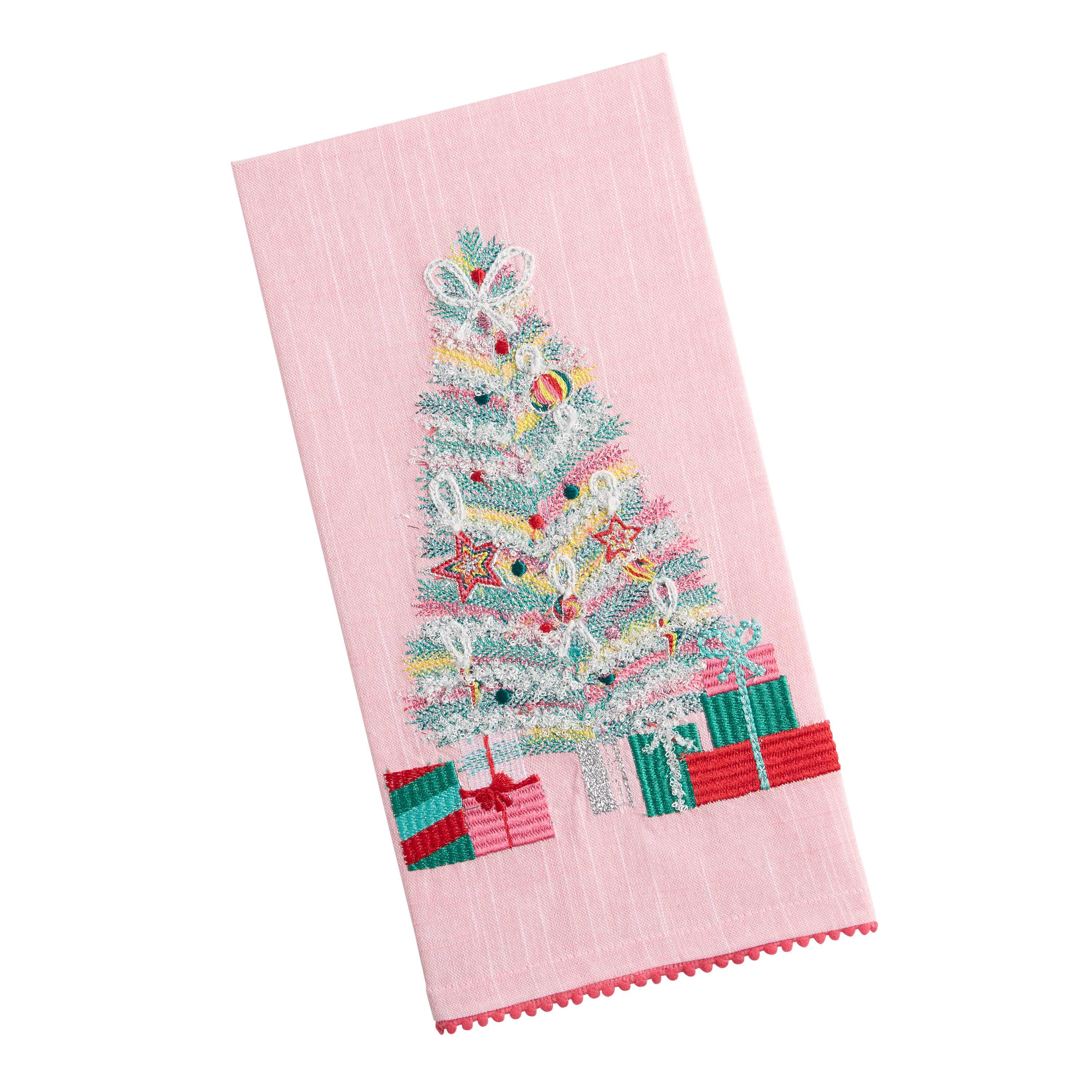 Pink Tinsel Christmas Tree Embroidered Kitchen Towel | World Market