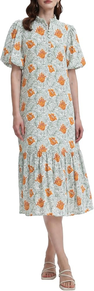 Summer Floral Midi Dress for Women Spring Puff Short Sleeve Button Down Flowy Boho Dresses | Amazon (US)
