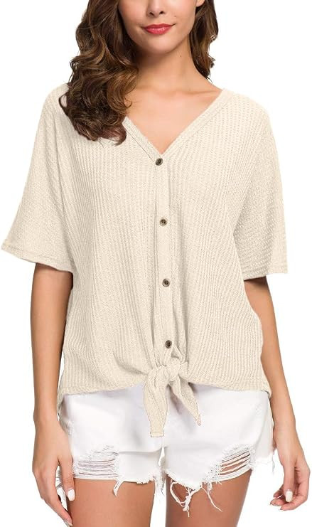 IWOLLENCE Women's Waffle Knit Tunic Blouse Tie Knot Short Sleeve Henley Tops Loose Fitting Bat Wi... | Amazon (US)