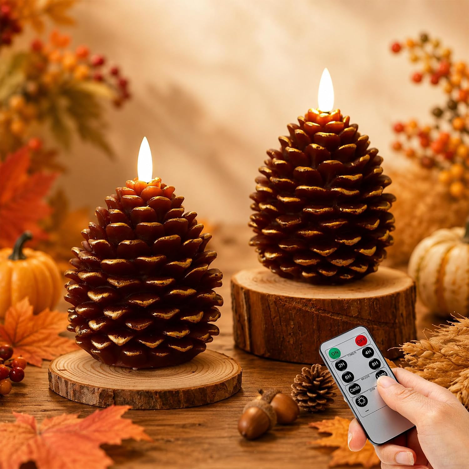 Pinecone Flameless Candles, 2 Pack Fall Decor with Remote | Amazon (US)