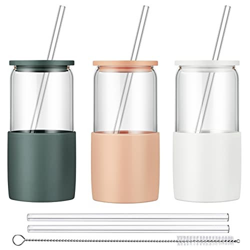 Sunseeke Glass Tumbler with Straw and Lid, 16oz Ice Coffee Cup, Silicone Sleeve Cleaning Brushes, Drinking Glasses for Water, Iced Coffee, Smoothie -BPA Free -3 Pack | Amazon (US)