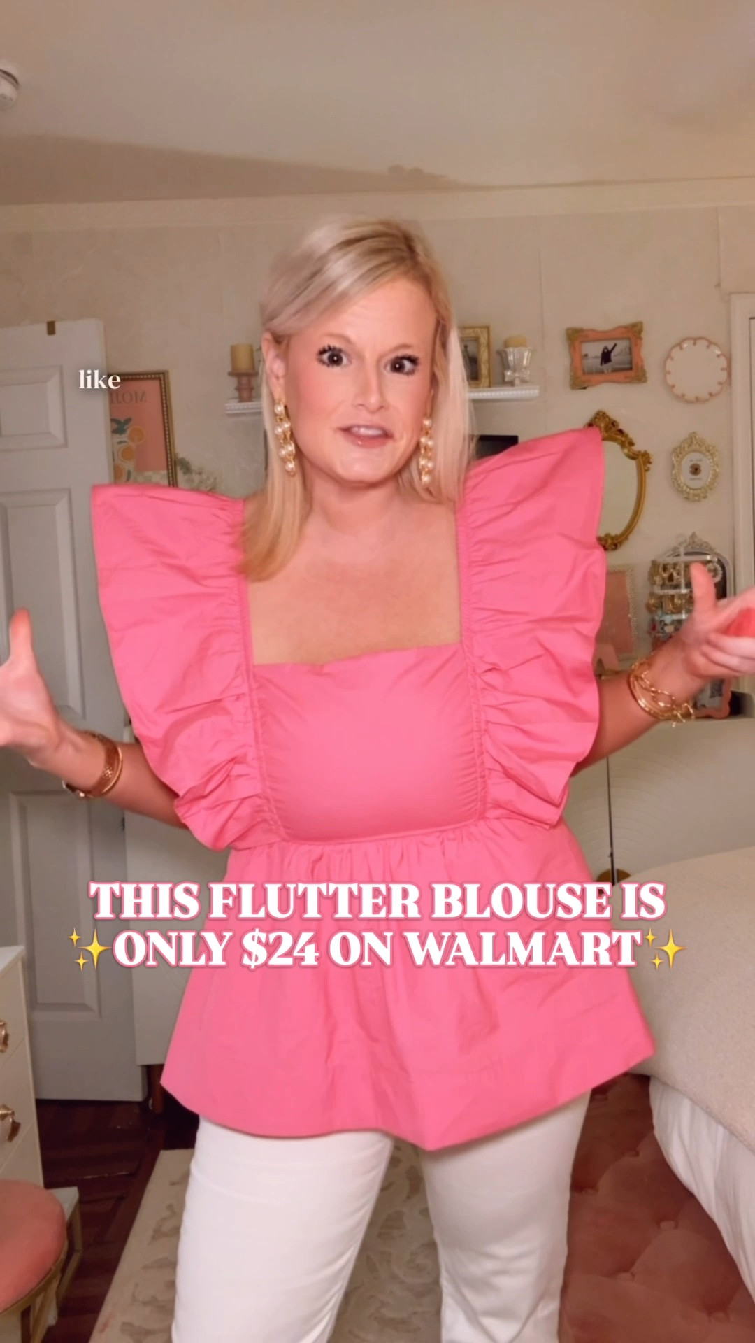 Walmart summer top | Free Assembly blouse | pink flutter sleeve top | white jeans outfit | teacher outfit

This $24 Walmart top does all the work, which means the rest of the outfit can stay very simple.

The punchy pink cotton, square neckline, oversized flutter sleeves, gathered peplum silhouette, smocked back, tie back neck, and lined front bodice make white jeans and gold sandals feel like a complete outfit in about thirty seconds.

I’m in a medium. True to size. It is 100% cotton with that crisp poplin feel, and it also comes in chambray.

The sleeves are the main event. They give the blouse volume and personality without needing a print, statement necklace, or complicated styling. Wear the pink when you want color. Grab the chambray when you want the same silhouette in an everyday neutral.

Pair it with white denim, straight leg jeans, denim shorts, chino shorts, linen pants, summer skirts, work pants, or wide leg trousers for brunch, teacher outfits, casual work outfits, church, school pickup, vacation dinners, bridal showers, baby showers, lunch dates, patio dinners, and late summer plans.

Walmart summer top, Walmart blouse, Walmart fashion finds, Walmart style, Walmart finds, Free Assembly top, Free Assembly blouse, pink flutter sleeve top, flutter sleeve blouse, peplum top, square neck top, 100 cotton top, cotton poplin blouse, pink blouse women, chambray blouse, feminine summer top, statement blouse, preppy summer outfit, white denim outfit, white jeans outfit, teacher outfit, teacher blouse, work outfit women, casual office outfit, vacation outfit, date night outfit, summer tops women, affordable fashion finds

#LTKFindsUnder50 #WalmartFinds #WalmartStyle #FreeAssembly #PreppyStyle #TeacherOutfit #Workwear #SummerOutfit

#LTKWorkwear #LTKSeasonal #LTKootd