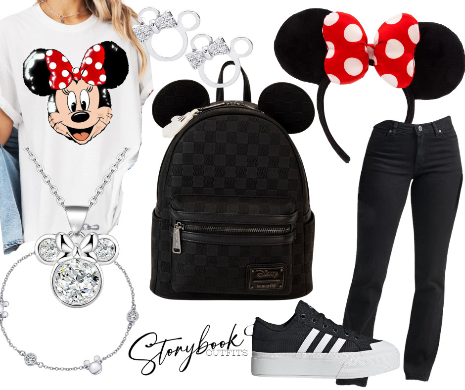 This modern Minnie Mouse outfit is the perfect mix of classic Disney and everyday style. A white Minnie graphic tee pairs effortlessly with black jeans for a timeless, flattering look. The black Loungefly Minnie backpack adds subtle Disney flair with its sleek design, while red polka-dot Minnie ears bring in that iconic pop of color. Finished with comfy black platform sneakers and silver Minnie jewelry for a polished touch — stylish, comfortable, and perfect for a full day at the parks or a Disney date! 

 

#LTKTravel