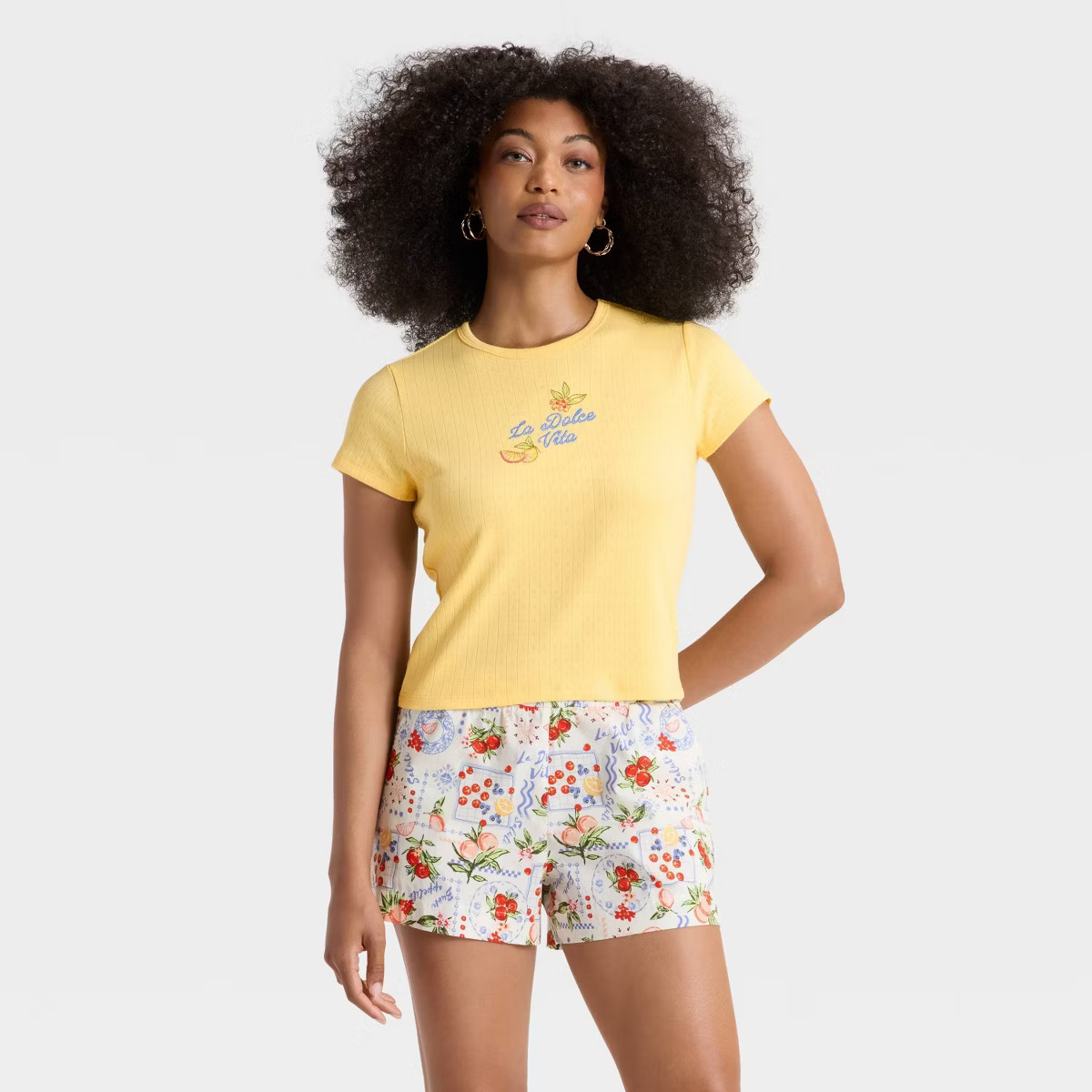 Women's "La Dolce Vita" Pointelle Short Sleeve Graphic Baby T-Shirt - Light Yellow | Target
