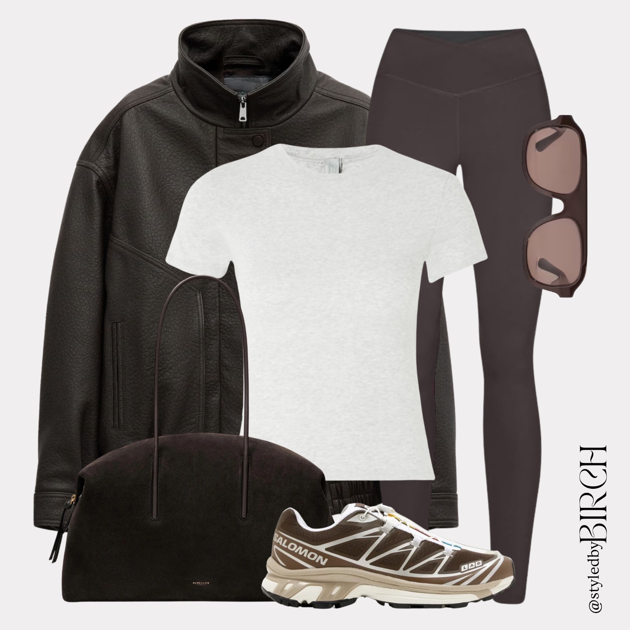 You asked on my stories what outfit inspo you wanted to see… and casual was the winner 🤎

So here’s the first, a great everyday look or the perfect fit for my Pilates princesses ✨ 

Tags 🏷️ 
Dark brown oversized leather jacket, fitted grey tee, chocolate brown leggings, brown Salomon trainers, structured dark brown handbag and oversized sunnies

#LTKfitnessgoals #LTKActive #LTKootd