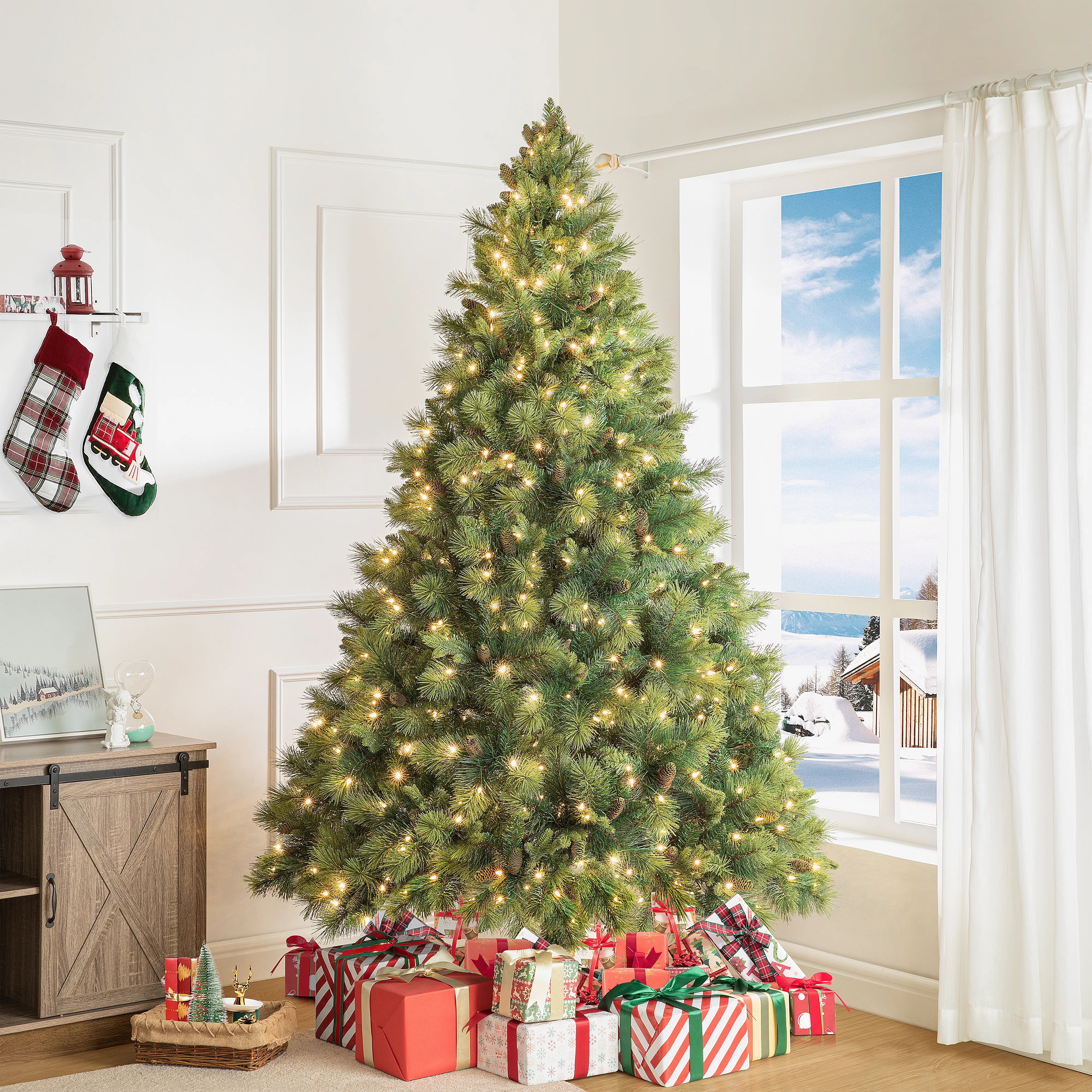 Prelit Artificial Christmas Tree with Pine Cones, Foot Pedal and Metal Stand, Tree | Wayfair North America