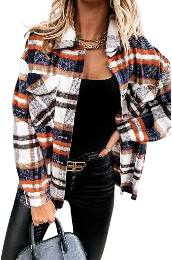 Women's Checked Fleece Oversized Baggy Collared Shirt Winter Jacket Shacket Ladies Long Sleeve Sh... | Amazon (UK)