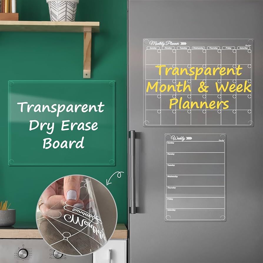 Clear Dry Erase Monthly Calendar 3PCS Set for Fridge. Reusable Undated Transparent Calendar, Week... | Amazon (US)