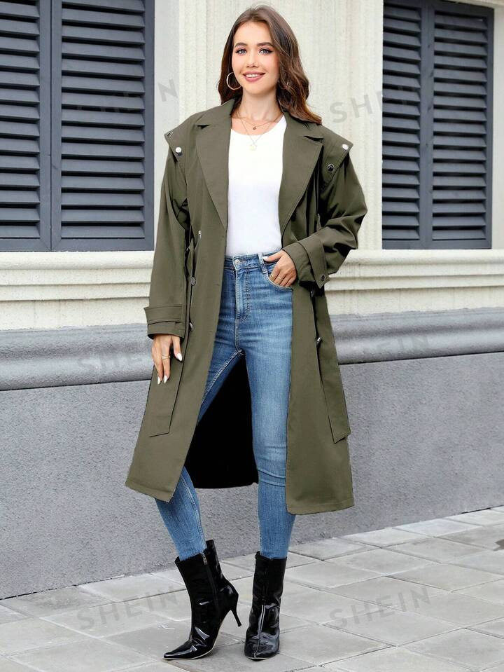 Women's Chic Mid-Length Turn-Down Collar Double-Breasted Trench Coat With Waist Belt, Spring & Au... | SHEIN