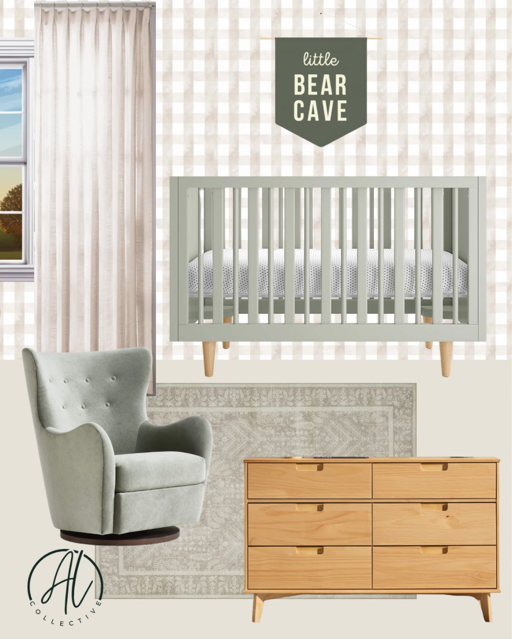 Nursery design. Baby boy room. Gender neutral. Curtain. blackout curtains. Wall art. Crib. Area rug. Glider. Excellent chair. Dresser. Mood board  

#LTKBaby #LTKHome #LTKFamily