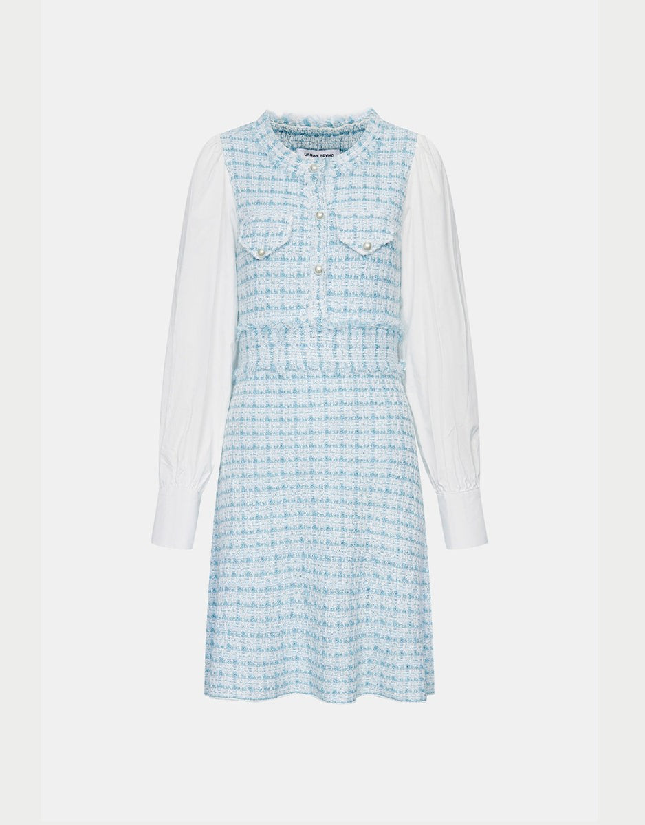 Spliced Tweed Plaid Puff Sleeve Knitted Dress | Urban Revivo