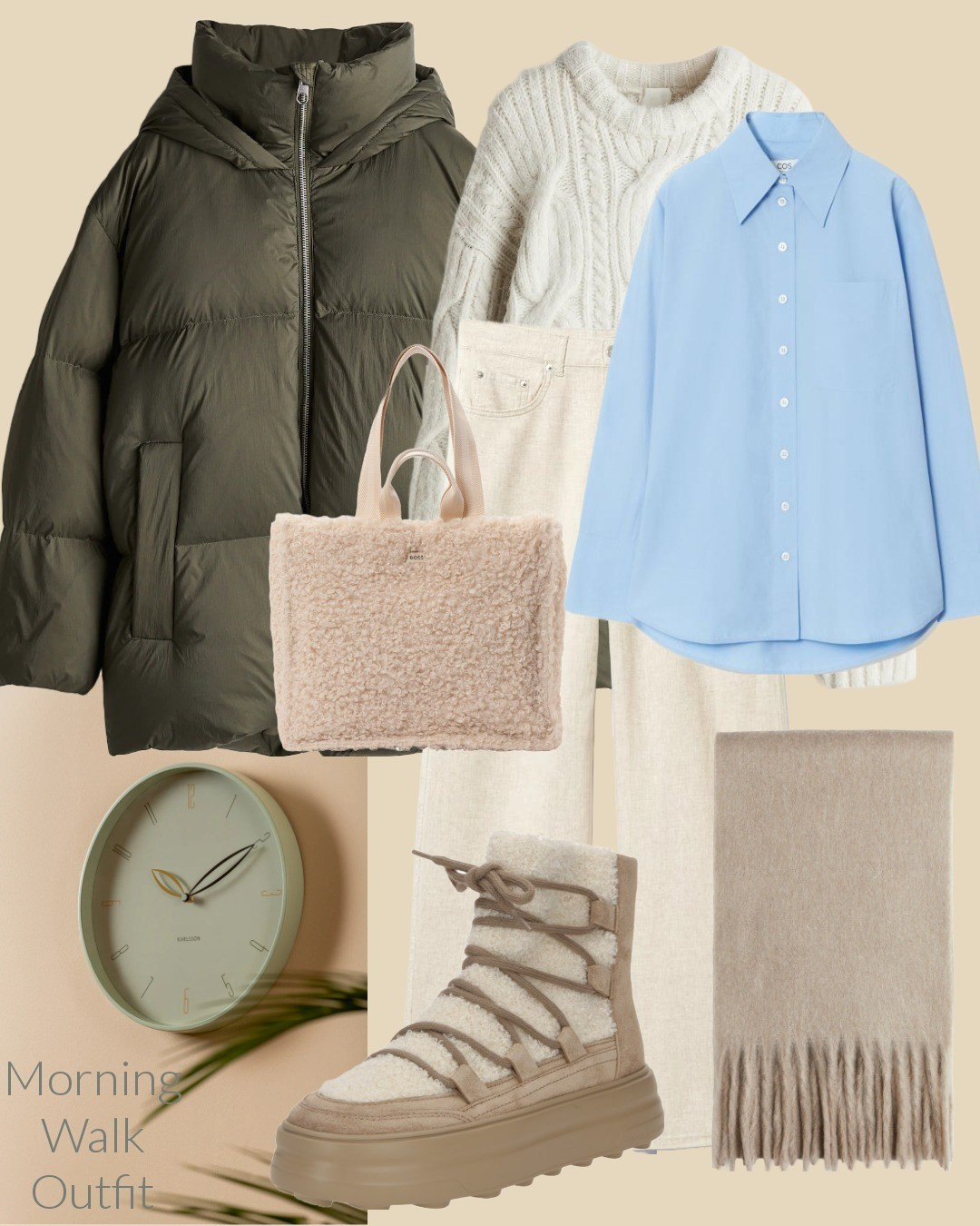 Morning Walk Outfit: A warm and chic combination with an olive puffer jacket layered over a cream cable-knit sweater and a light blue shirt. Paired with off-white pants, taupe shearling boots, and a fluffy tote, this outfit balances comfort and a soft color palette for a refreshing outdoor stroll.

#LTKautumn #LTKwinter #LTKstyletip