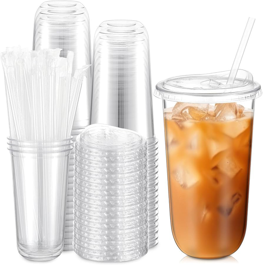 Ziliny 50 Pack 20 Oz Clear Plastic Cups with Lids and Straws, Iced Coffee | Amazon (US)