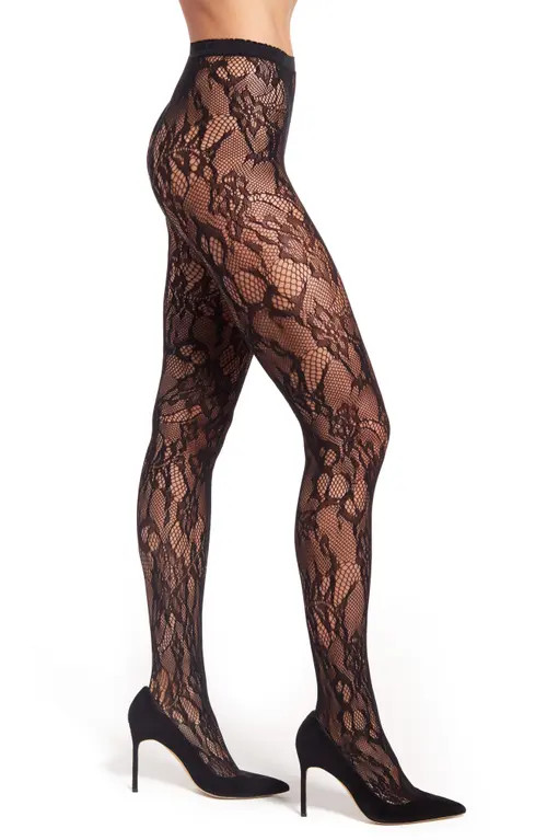 Natori Lace Cutout Tights in Black at Nordstrom, Size X-Large | Nordstrom