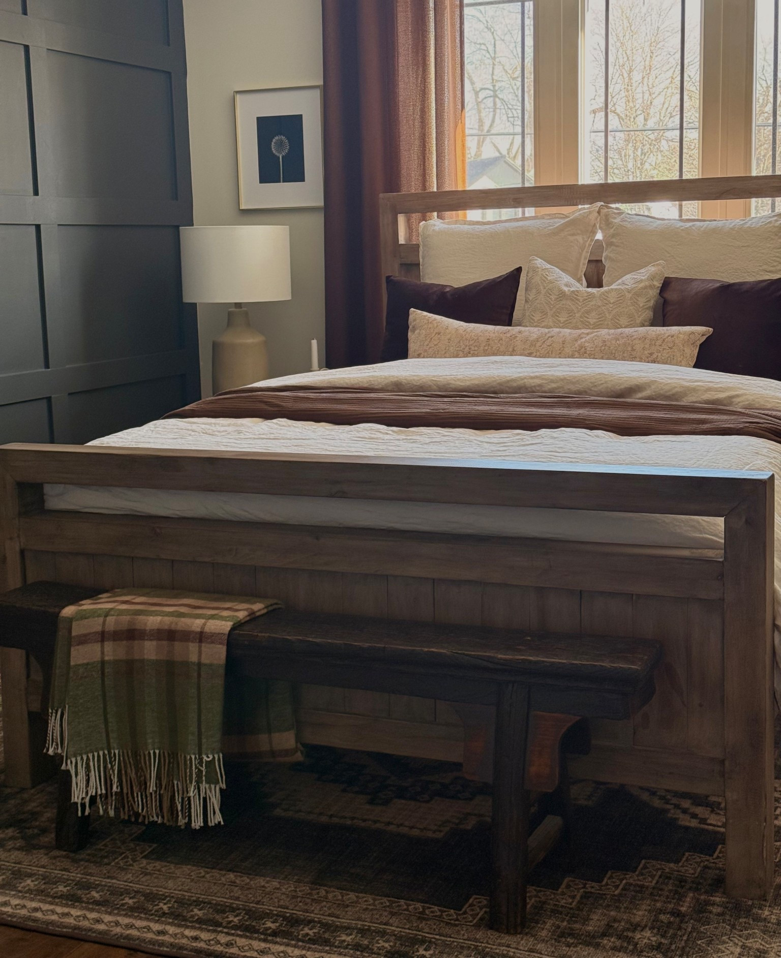 Fluffy bed layers. Linen blend duvet cover. Linen blend euro shams. Chocolate brown and linen bedding combo. Chocolate brown curtains. Vintage washable moody rug. Lumbar pillow. Neutral and brown bedding layers  

#LTKhome #LTKcanada