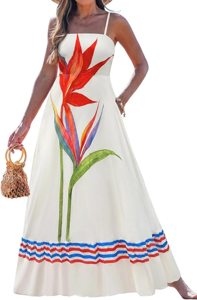 popvil Women Summer Maxi Dress 2026 Spaghetti Strap Long Beach Dress Boho A-Line Flowy Casual Sle... | Amazon (US)