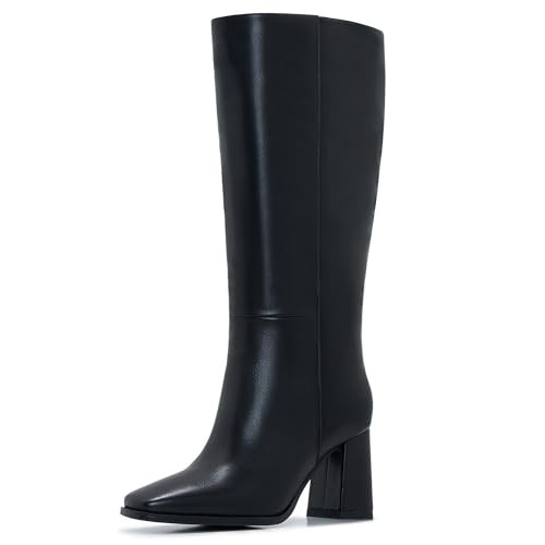Black boots for women- Knee-High Boots with Zipper, Square Toe Tall Leather Boots, Chunky Heel Fashion Long Boots Size 12 | Amazon (US)