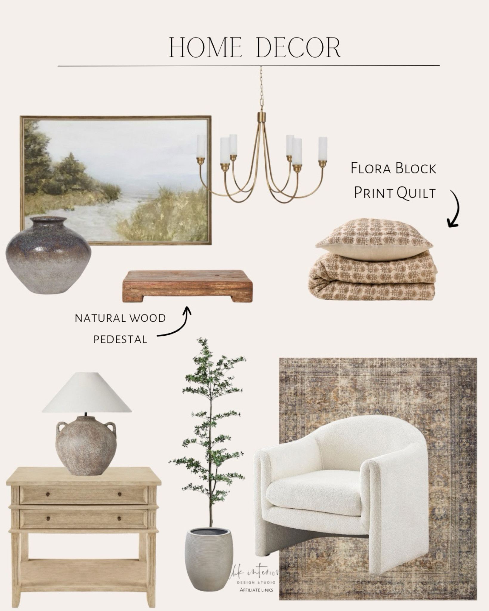 Home Decor  
Beautiful drew chair / cali chandelier / faux black olive tree / Morgan area rug / flora block print quilt / Martha Stewart lake landscape wall art / natural wood pedestal / Talara nightstand / Azela table lamp / Wright stoneware vase 

#LTKSeasonal #LTKhome