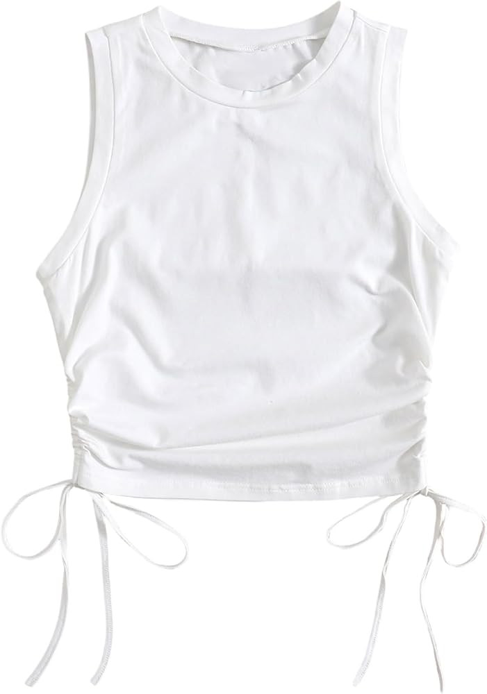WDIRARA Women's Ruched Drawstring Side Tank Top Crew Neck Sleeveless Fitted Crop Tops | Amazon (US)