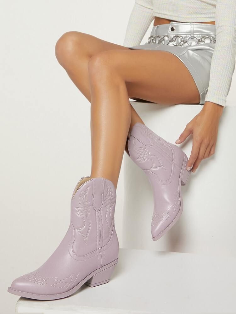 Chunky Heel Pull On Western Ankle Booties | SHEIN