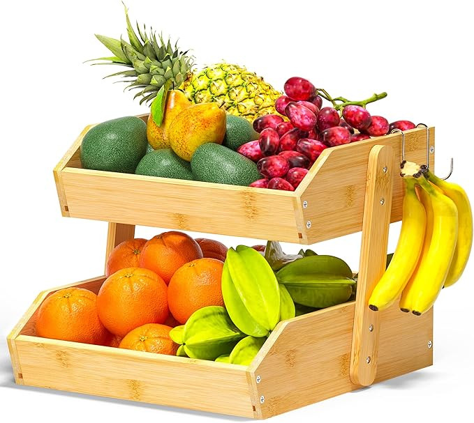 Gmtsl Bamboo Fruit Basket – 2 Tier Fruit Bowl For Kitchen Counter, Large Capacity Fruit Holder ... | Amazon (US)