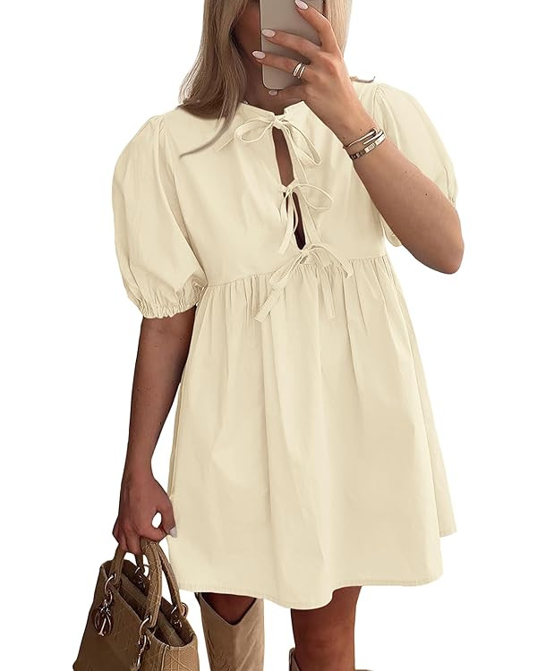 PRETTYGARDEN Womens 2025 Summer Casual Short Sleeve Dresses A Line Bow Tie Front Babydoll Loose C... | Amazon (US)