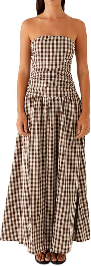 UAURORAO Women Gingham Strapless Maxi Dress Drop Waist Tube Long Dresses Off Shoulder Backless Fl... | Amazon (US)