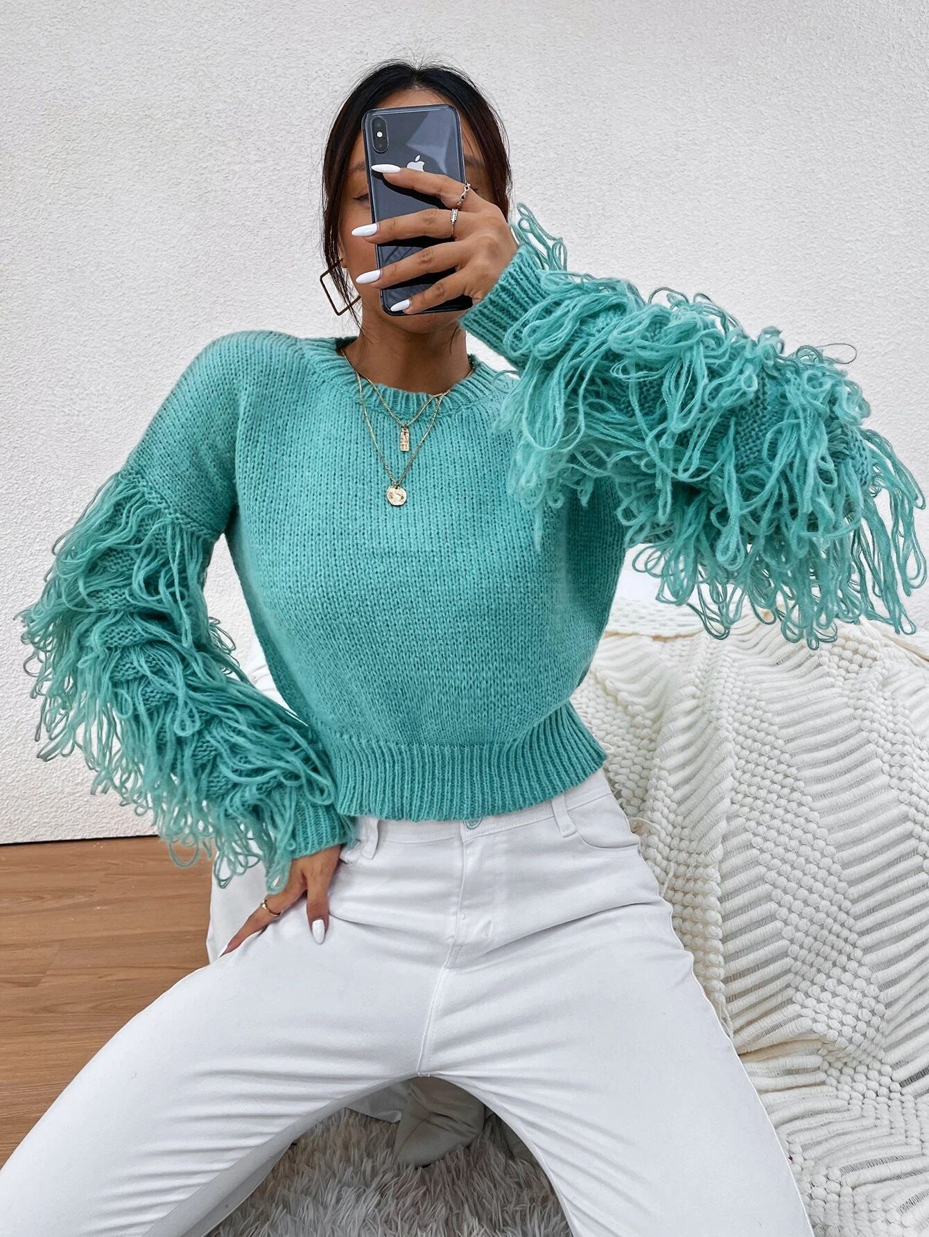 Shaggy Knit Drop Shoulder Sweater | SHEIN