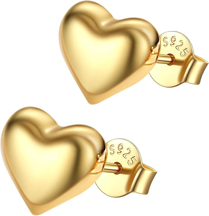 14K Gold Plated Heart Studs 925 Sterling Silver Posts Backs Gold Earrings for Women Hypoallergeni... | Amazon (US)