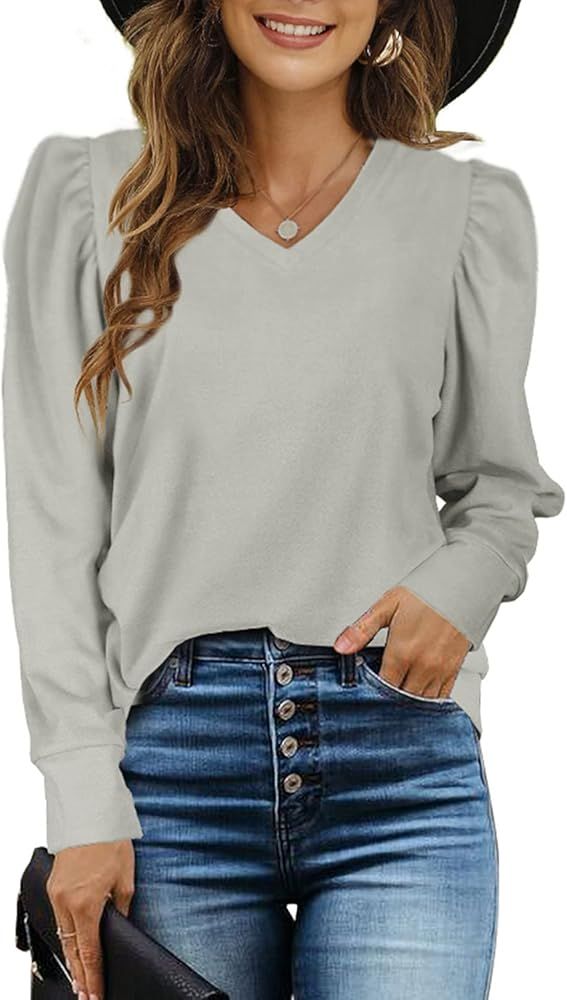 Sieanear Women's Puff Long-Sleeve V-Neck Sweater Casual Tunic Tops | Amazon (US)
