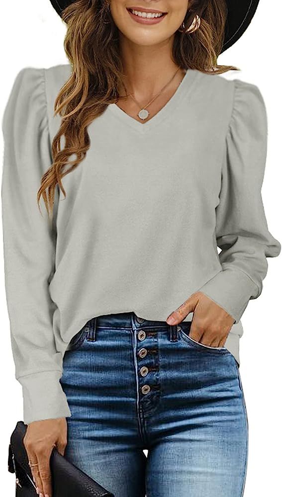 Sieanear Women's Puff Long-Sleeve V-Neck Sweater Casual Tunic Tops | Amazon (US)