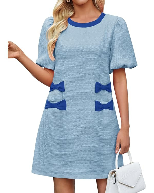 Wenrine Womens Summer Mini Dress Casual Tweed Short Sleeve Bow Work Business Dresses with Pockets | Amazon (US)