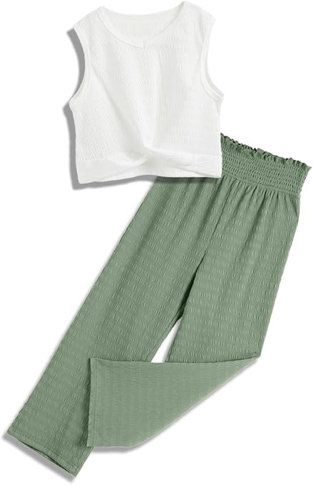 Girls’ Clothing Sets Sleeveless Bow Crop Top Wide Leg Linen Pants 2026 Summer Outfits Cute Kids... | Amazon (US)