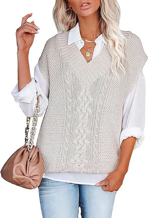 Neufigr Womens V Neck Sweater Vest Knitted Oversized Sleeveless Knitwear Casual Pullover Jumpers ... | Amazon (US)