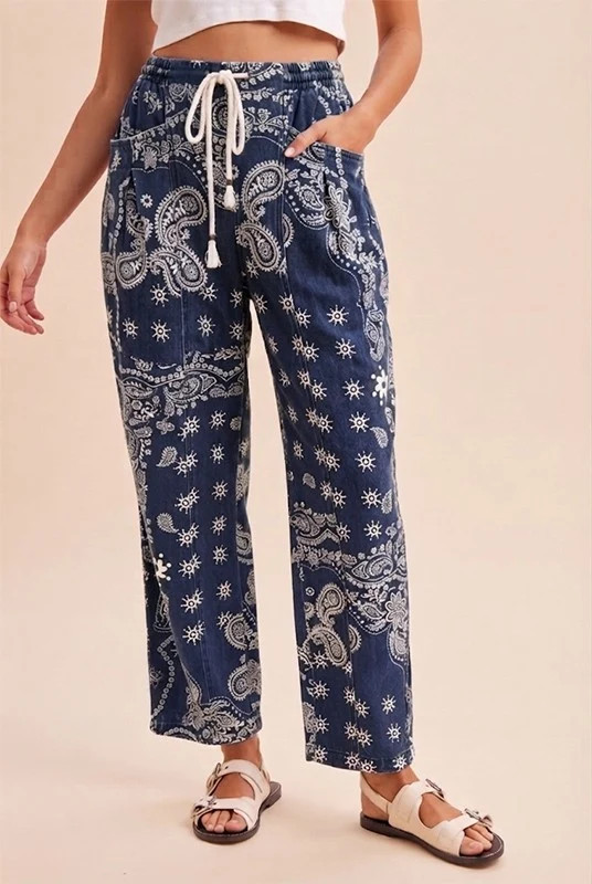 Navy Bandana Print Drawstring Barrel Pants (Reg.) | Shop.app