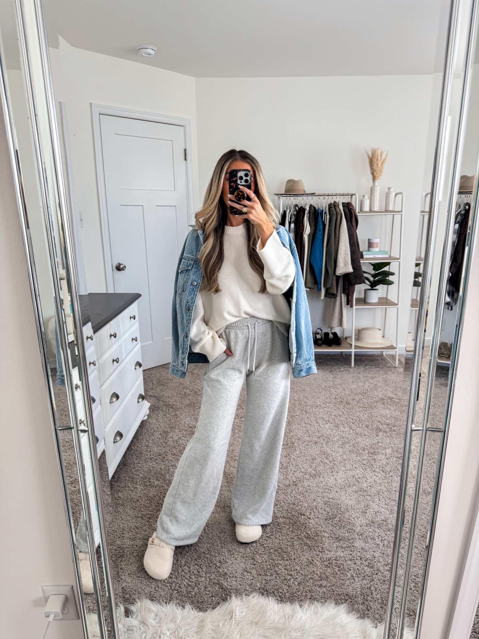 Go-to cozy yet still out together outfit 
+ denim jacket: xs
+ Madeline sweater: small
+ wide leg sweatpants: xs 
+ clogs: true to size 

#LTKootd #LTKFindsUnder50 #LTKFindsUnder100