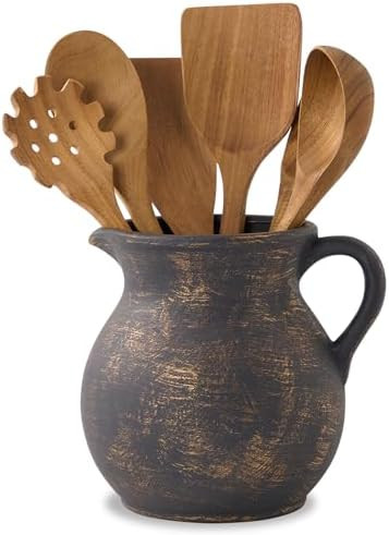 MIYUKI Rustic Kitchen Utensil Holder - 7.6 Inch Ceramic Utensil Crock for Countertop, Vintage Kit... | Amazon (US)