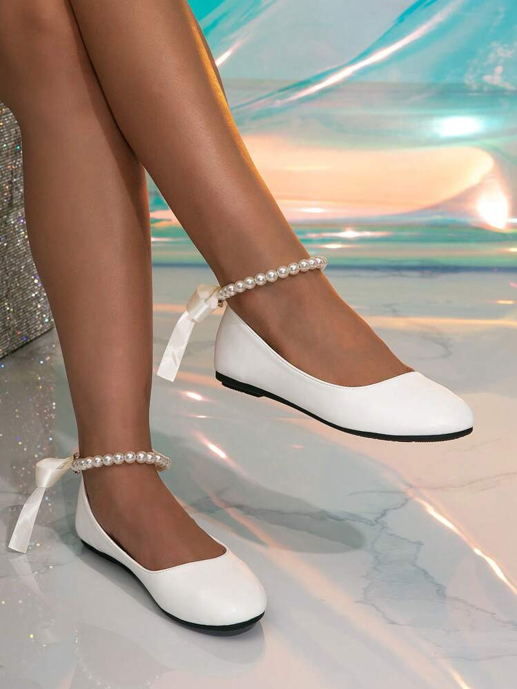 Women Bow & Faux Pearl Decor Flat Rounded Toe Ankle Strap Loafer Shoes | SHEIN