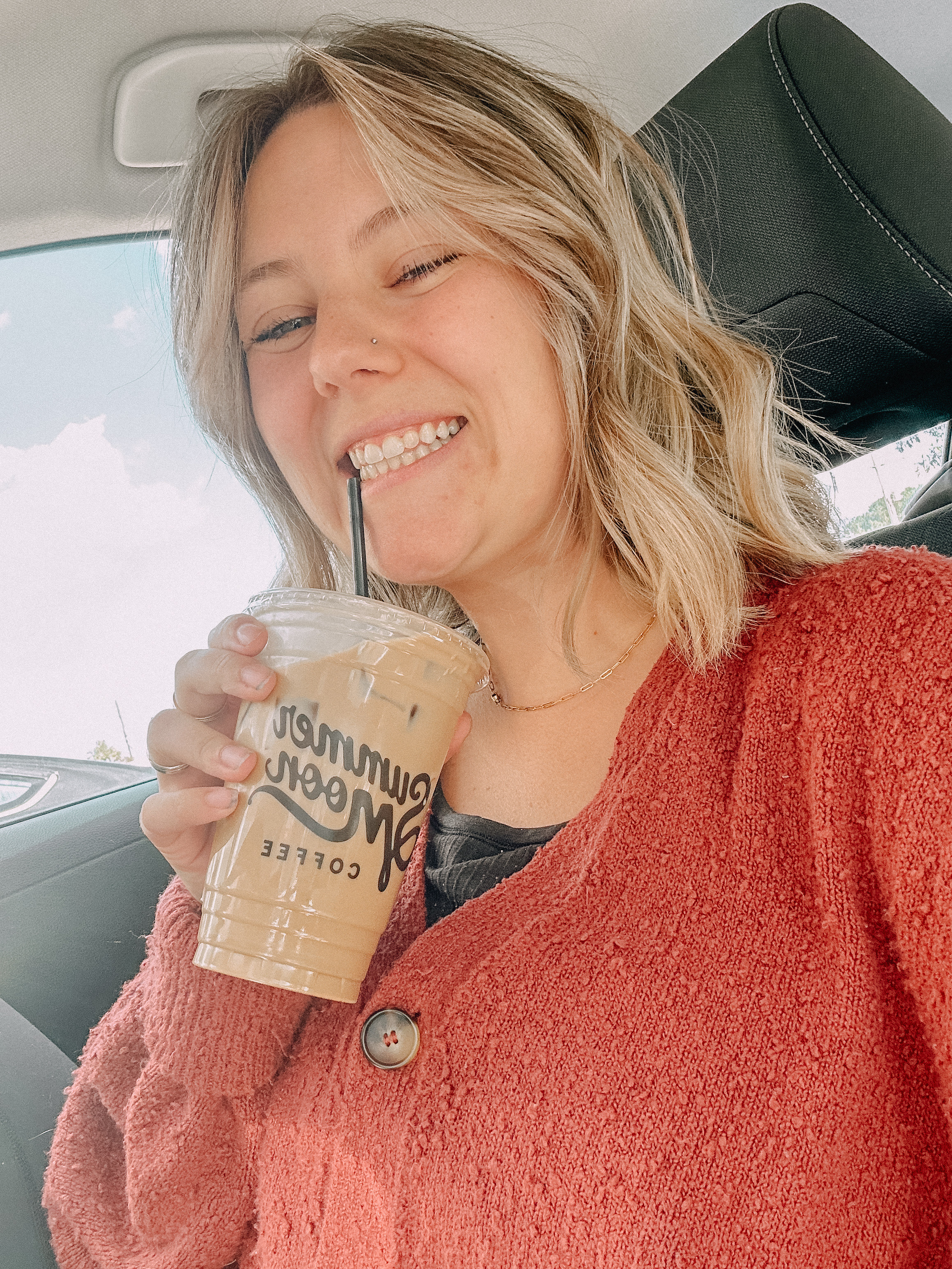 a crisp fall day in NC calls for pumpkin spice coffee and a pumpkin spice sweater! rust colored sweater from free people, layered with a lululemon sports bra. Easy fall outfit for moms that’s toddler friendly and nursing friendly! 

#LTKSeasonal #LTKStyleTip #LTKFindsUnder100