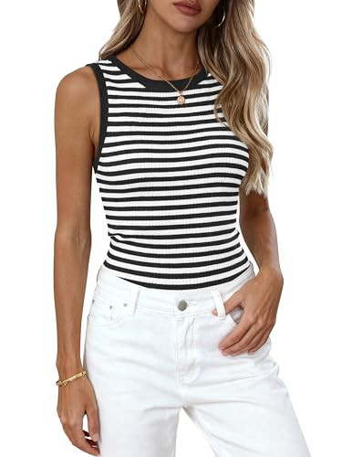 PRETTYGARDEN Summer High Neck Striped Tank Tops for Women Casual Sleeveless Sweaters Basic Ribbed Knit Slim Fitted Shirts(Striped Black White,Large) | Amazon (US)